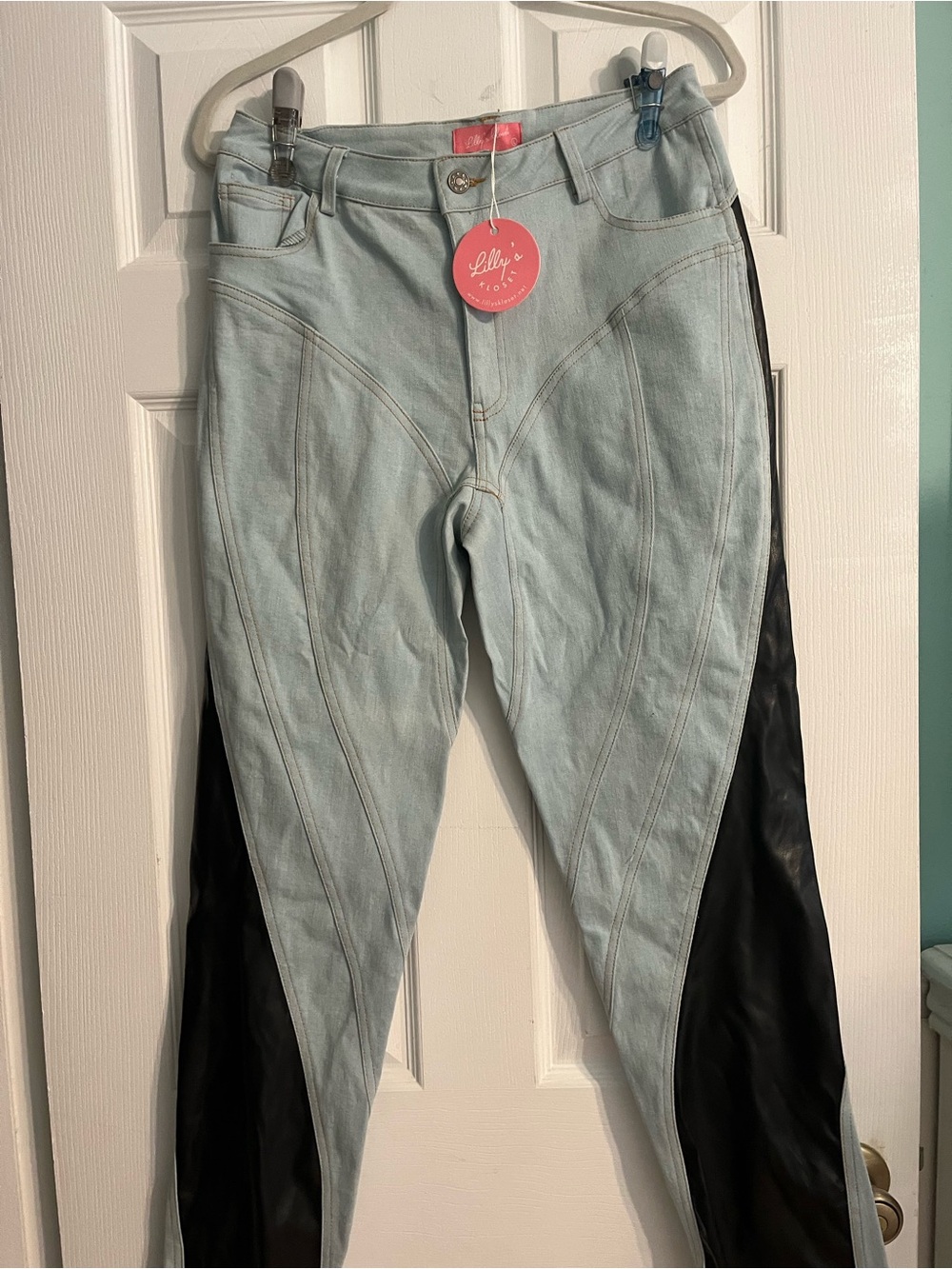 Lilly’s Kloset Two-Tone Light Blue and Black Leather Women’s Jeans